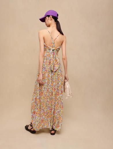 Bağlama Detaylı Floral Desen Uzun Elbise