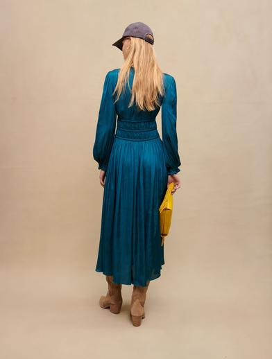 Mavi Volanlı Saten Midi Elbise