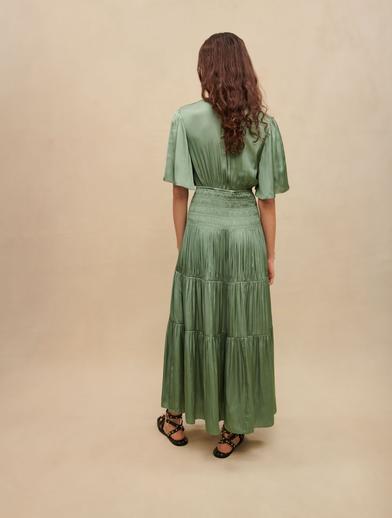 Yeşil Yırtmaçlı Saten Uzun Elbise