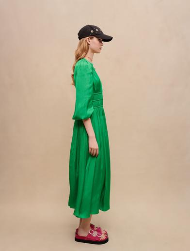 Yeşil Volanlı Saten Midi Elbise