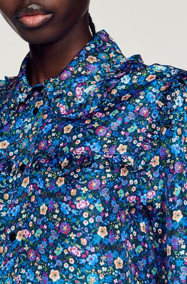  Fırfır Detaylı Floral Desen İpek Gömlek