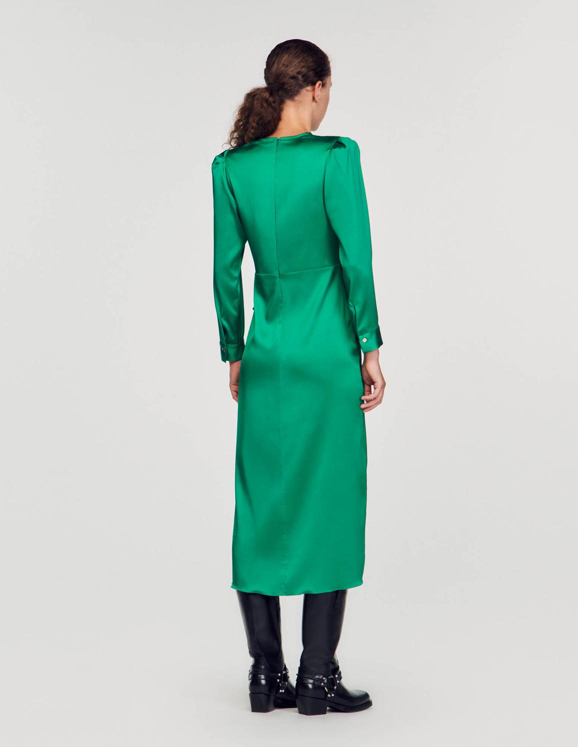 Yeşil Volan Detaylı Saten Elbise