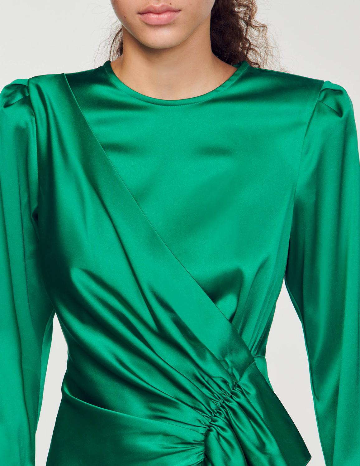 Yeşil Volan Detaylı Saten Elbise