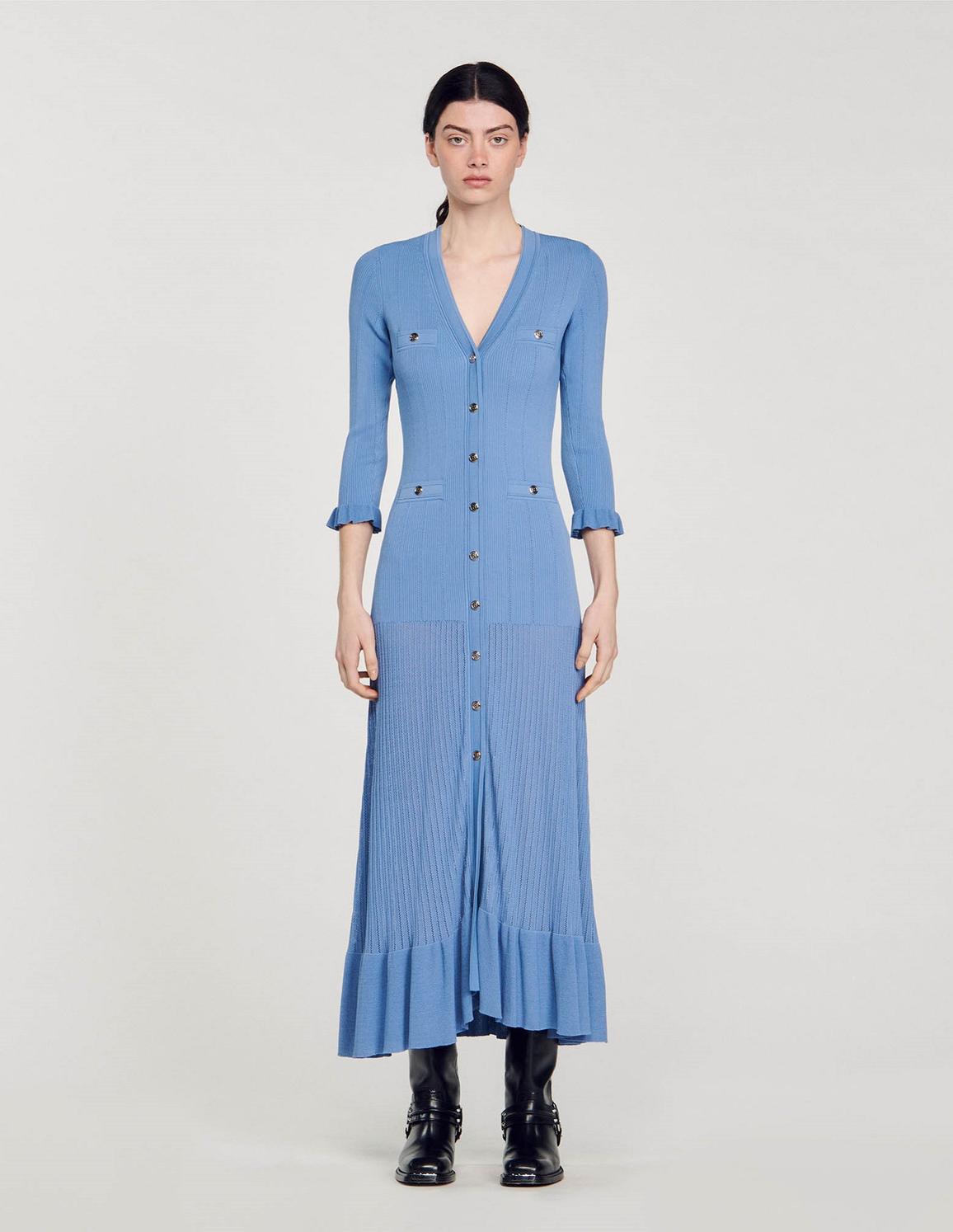 Mavi Uzun Kollu Fırfırlı Triko Elbise