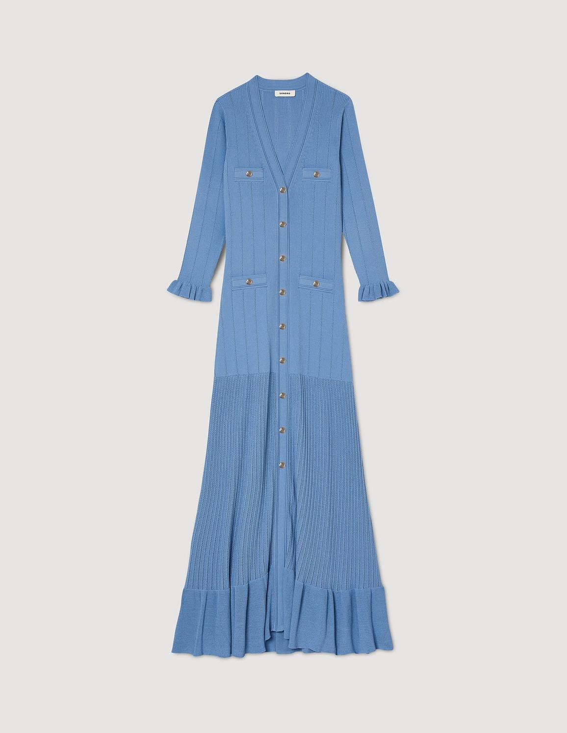 Mavi Uzun Kollu Fırfırlı Triko Elbise