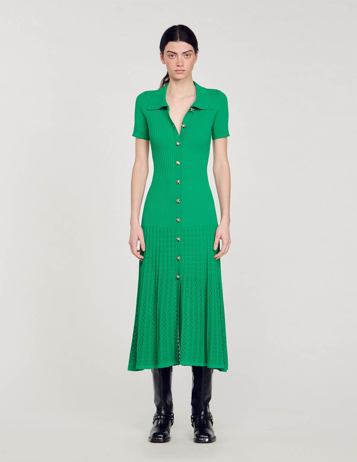 Düğme Detaylı Yeşil Triko Elbise