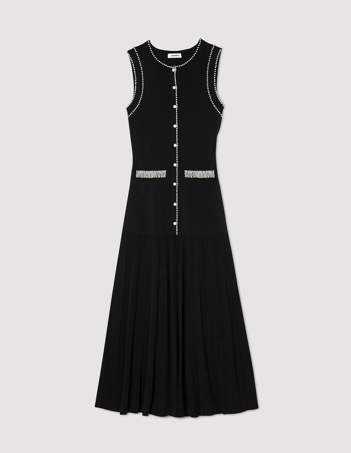 İnci İşlemeli Siyah Midi Elbise