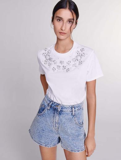 Floral Taş İşlemeli Beyaz T-shirt