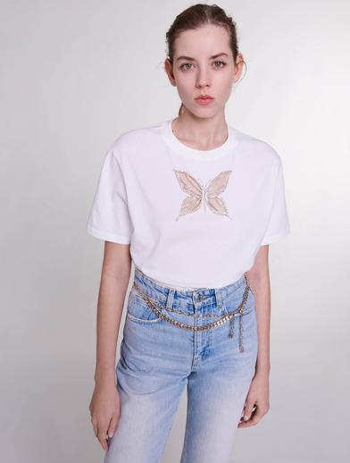 Kelebek Detaylı Beyaz T-Shirt