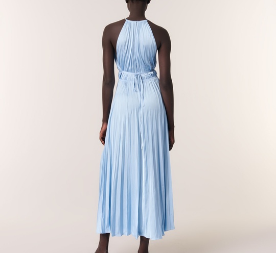 Halter Yaka Mavi Saten Elbise