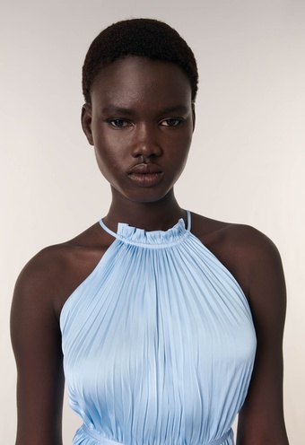 Halter Yaka Mavi Saten Elbise