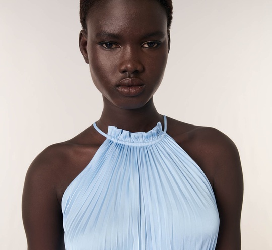 Halter Yaka Mavi Saten Elbise